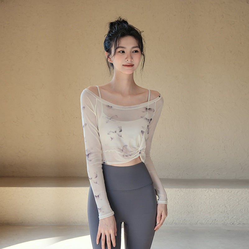 Flower butterfly fake two-piece sports t-shirt