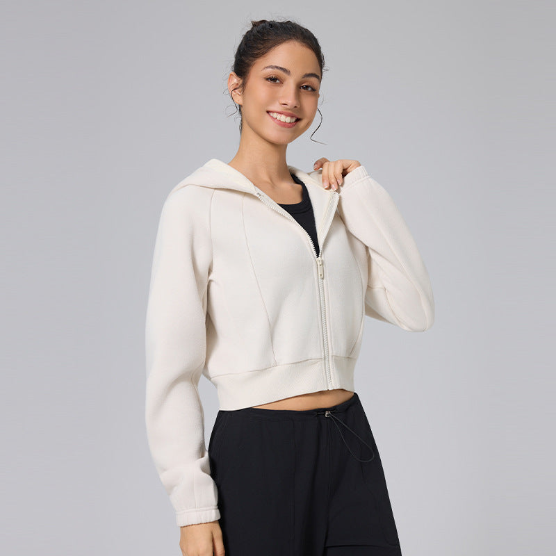 Autumn and winter cropped fleece casual sports hooded jacket