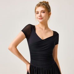 Mesh cross-pleats V-neck cut-out yoga short sleeves