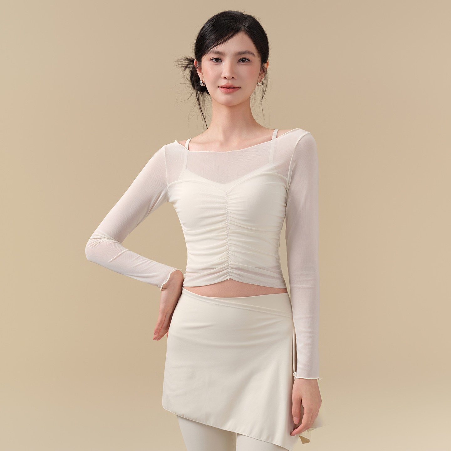 Mesh breathable pleated waist two-piece set