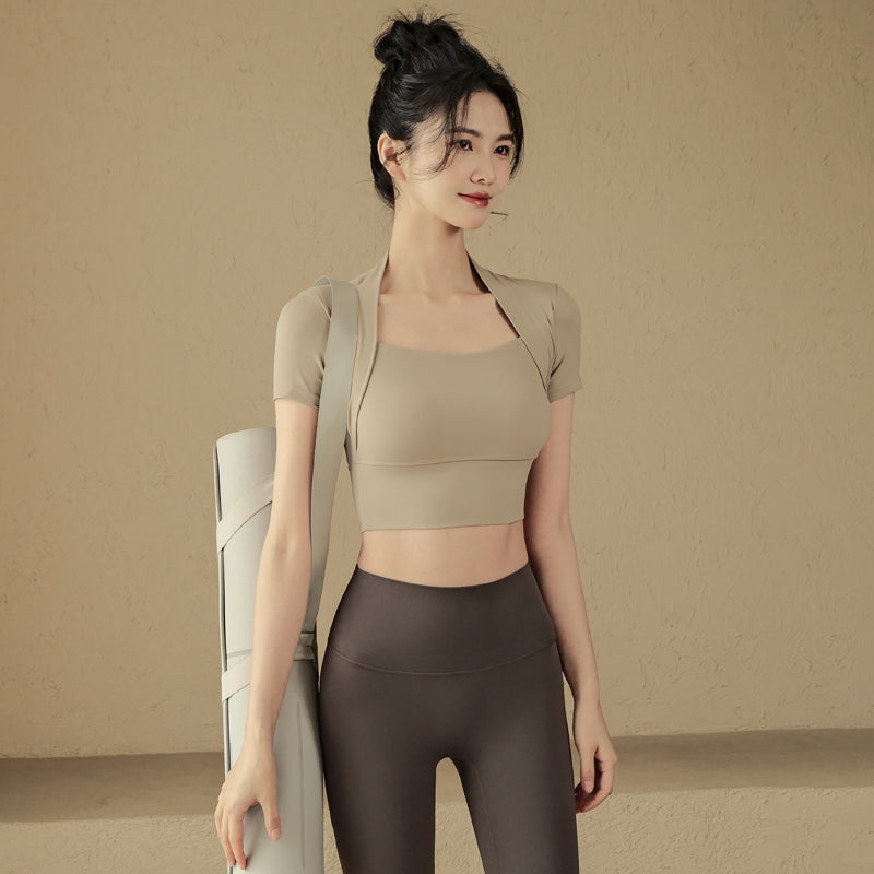 Fake two pieces yoga short sleeve t-shirt with chest pads