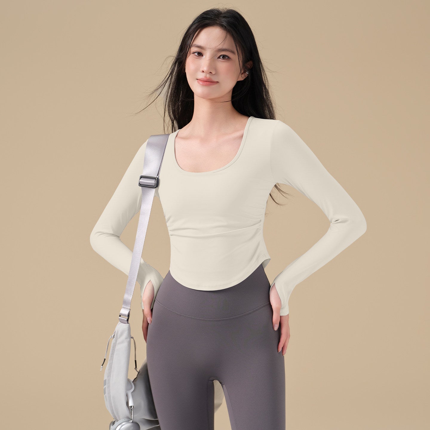 Pleated slimming sports long-sleeved T-shirt
