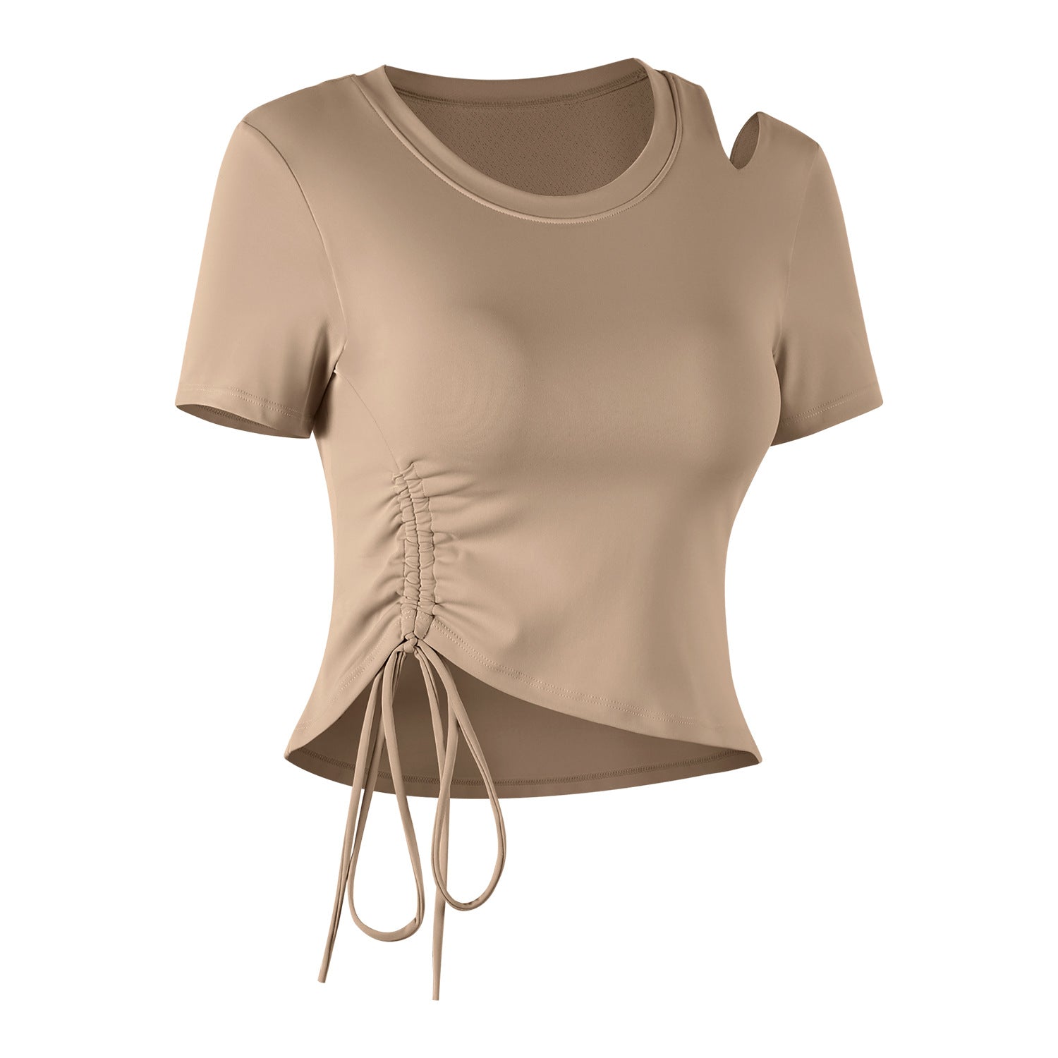 Fixed-cup one-shoulder openwork pleated drawstring top