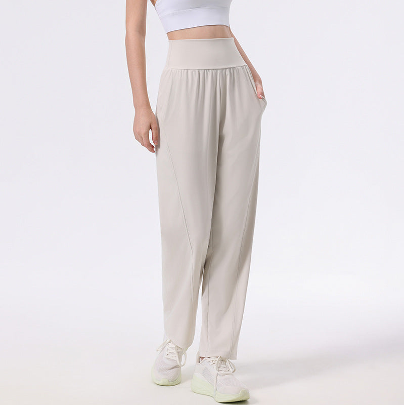 Nude high-waisted casual sports straight-leg trousers