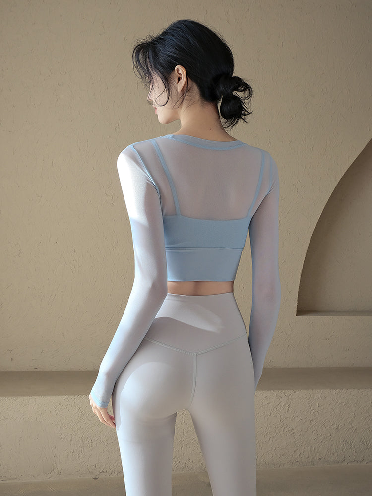 Sexy mesh with chest pad sports long sleeves