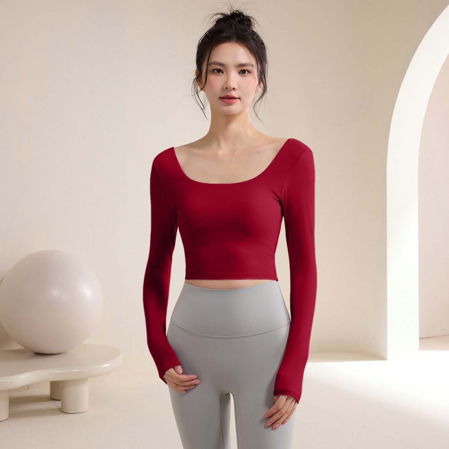 Criss-cross Back U-Neck Yoga Long Sleeve Top