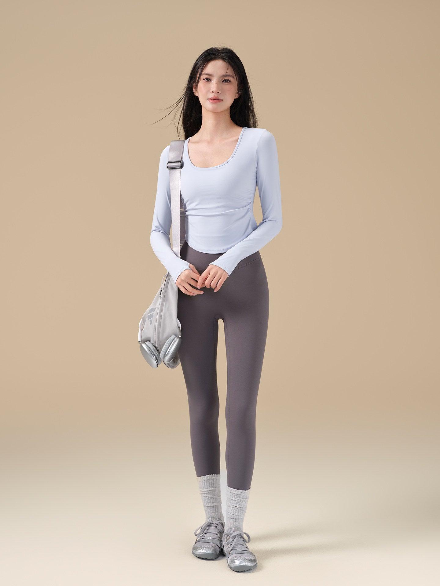 Pleated slimming sports long-sleeved T-shirt