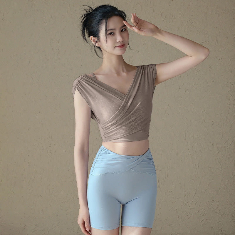 Fake two pieces of pure lust sexy mesh breathable sports short sleeves