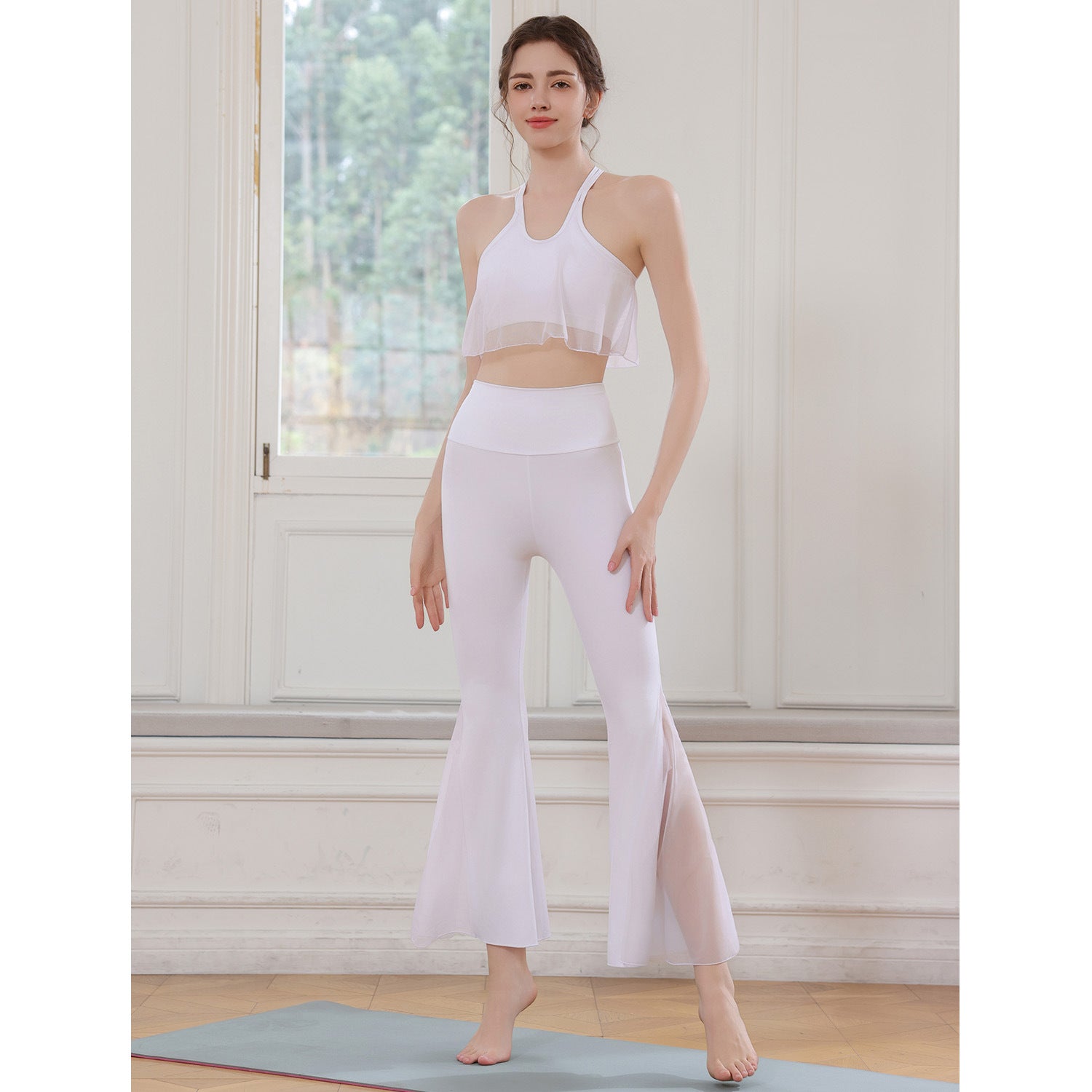 Dunhuang Flying Goddess Mesh Yarn Crossing Beauty Back Fork Flared Pants Set