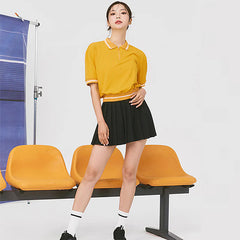 Contrast threaded short sleeve pleated skirt casual sports tennis golf set