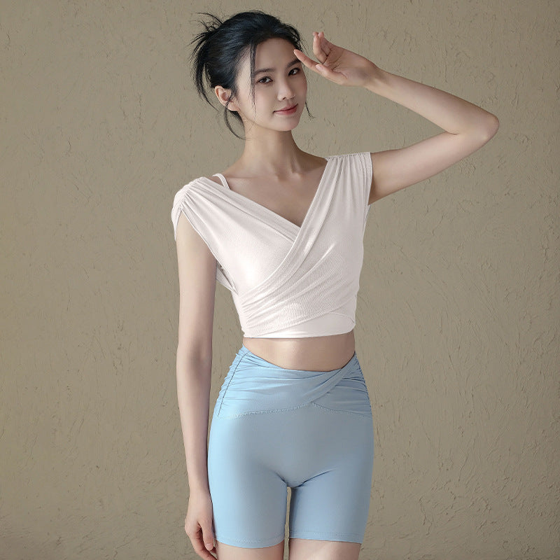 Fake two pieces of pure lust sexy mesh breathable sports short sleeves