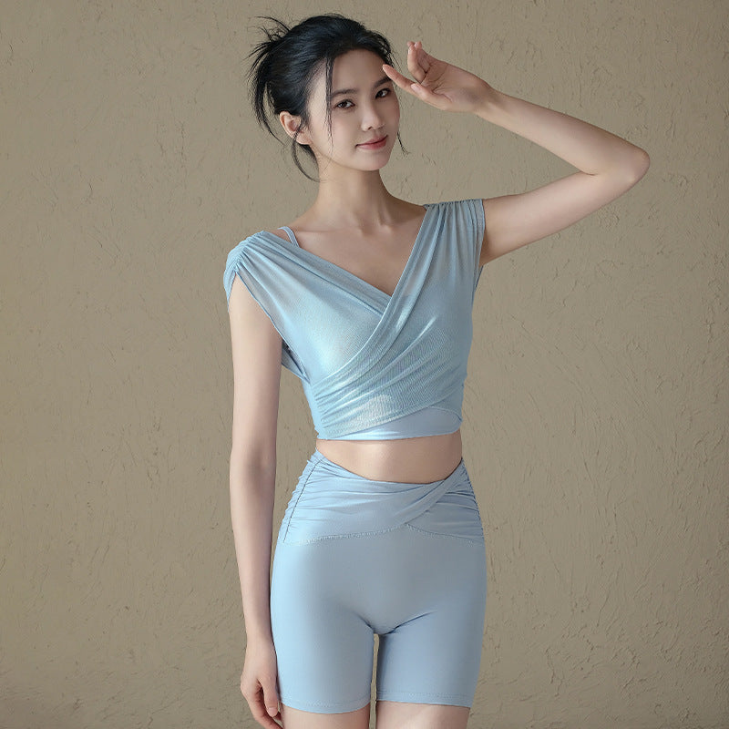 Fake two pieces of pure lust sexy mesh breathable sports short sleeves