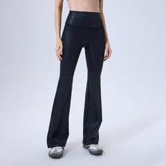 High-waisted faux leather non-marking anti-roll hem sports flared pants