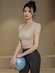 Fake two pieces yoga short sleeve t-shirt with chest pads