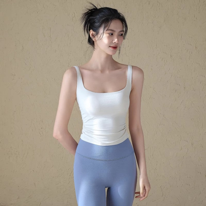 All-in-one yoga pleated waist-cinching sports bra