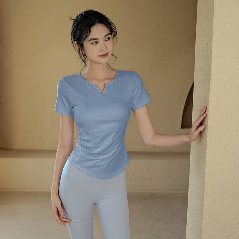 Solid color yoga short sleeve t-shirt with chest pads