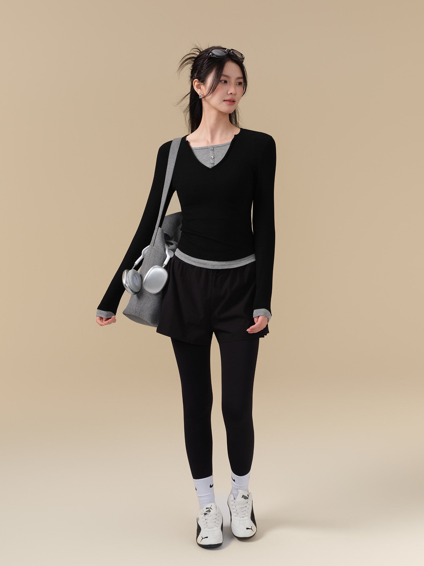 Fake two pieces of hip-covering slimming anti-exposure sports gym pants