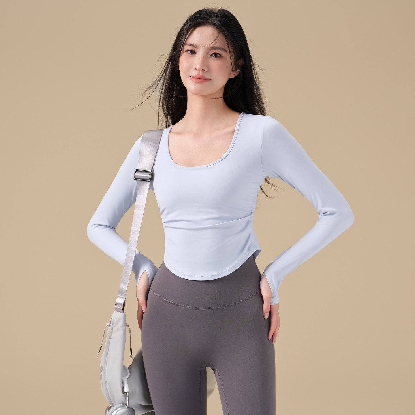 Pleated slimming sports long-sleeved T-shirt