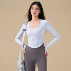 Pleated slimming sports long-sleeved T-shirt