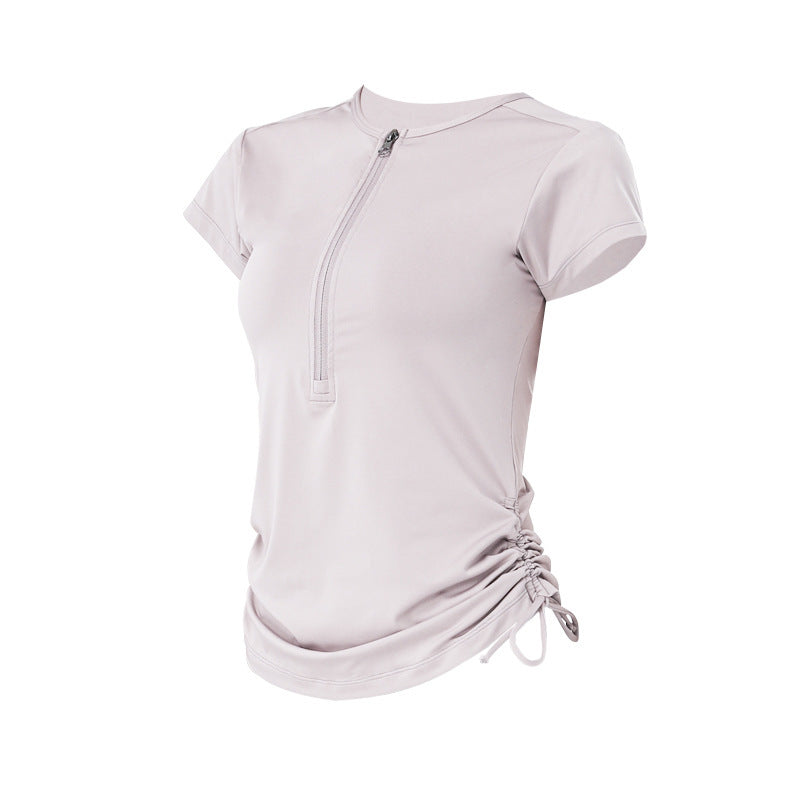 Zipper drawstring breathable yoga short sleeves