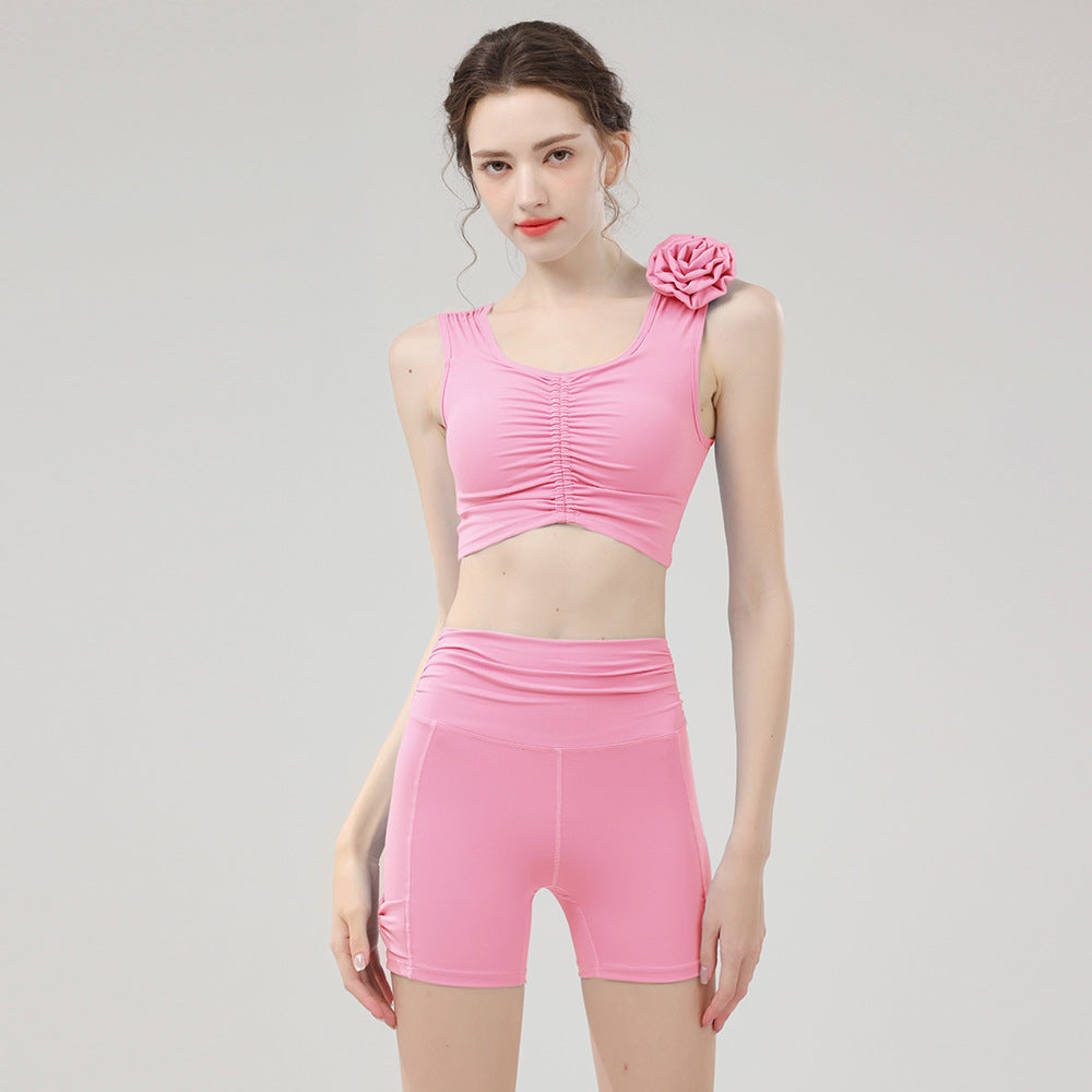 Flowers gathered pleated bra skinny shorts set