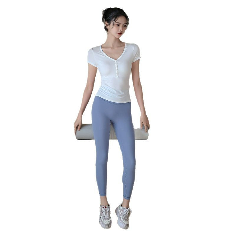 Slim and versatile button-down sports T-shirt running training short sleeves