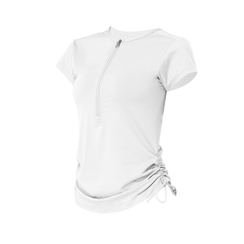 Zipper drawstring breathable yoga short sleeves
