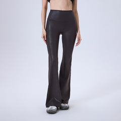 High-waisted faux leather non-marking anti-roll hem sports flared pants