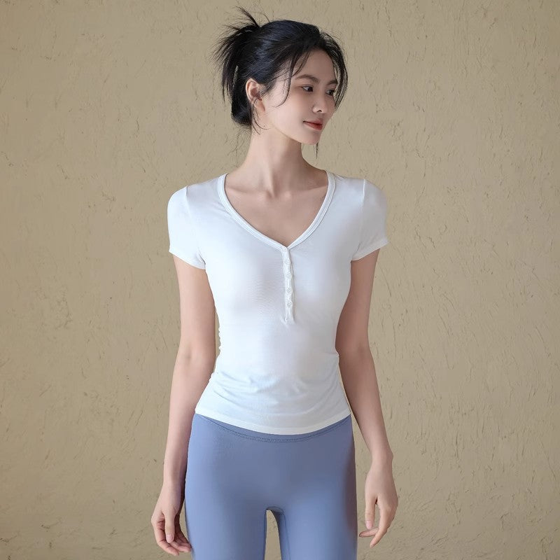 Slim and versatile button-down sports T-shirt running training short sleeves