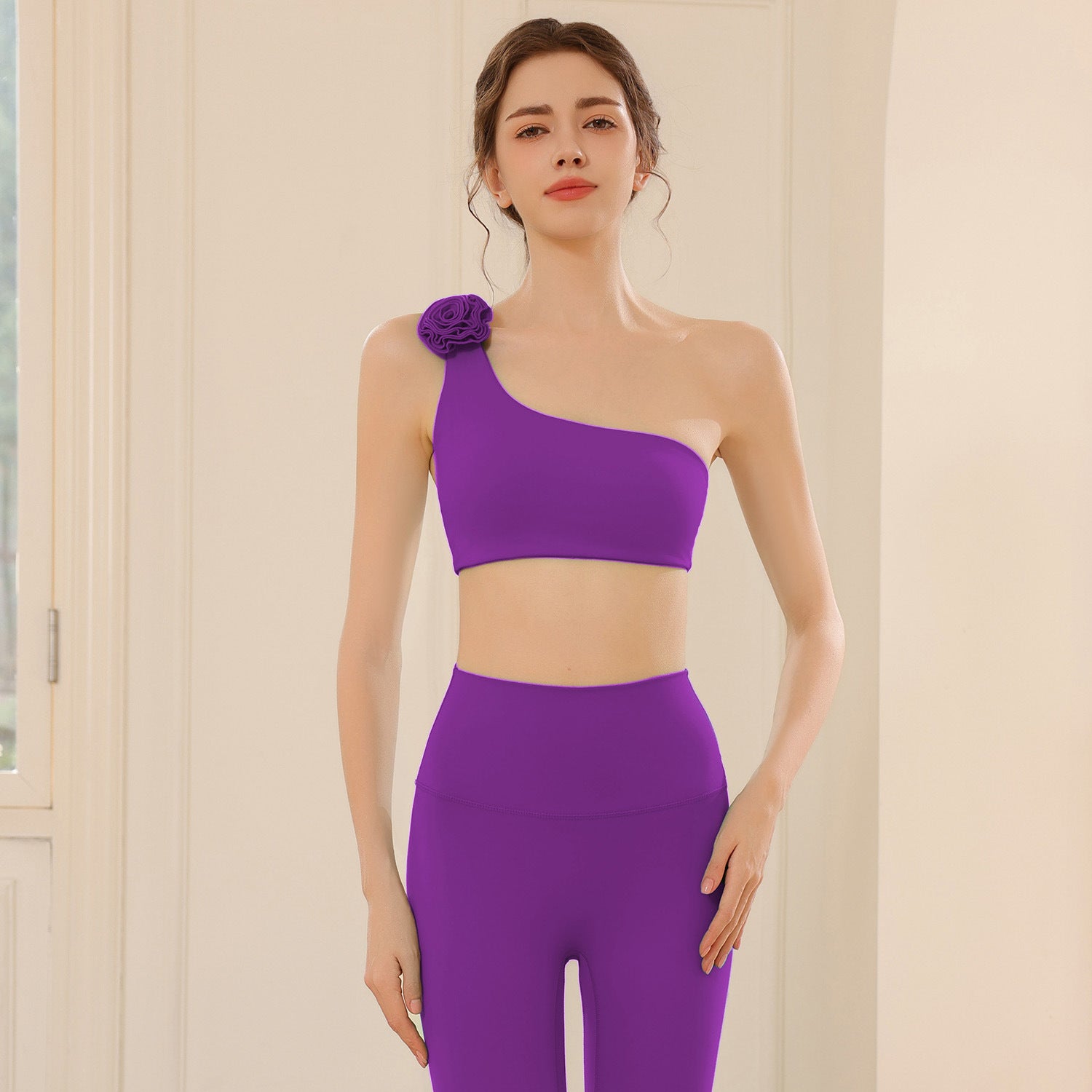 Diagonal one-shoulder flower beautiful back shockproof bra leggings set