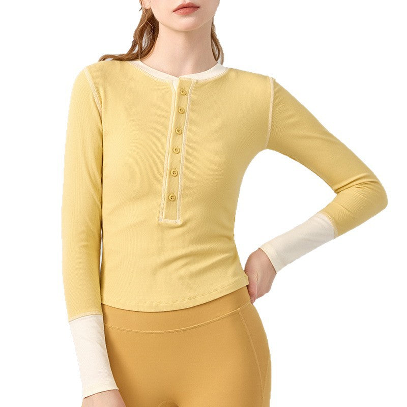 Retro crew neck contrast design slim yoga fitness long-sleeved top