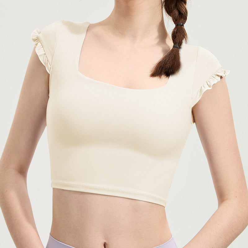Square collar and ruffle sleeves fixed cup short sleeves