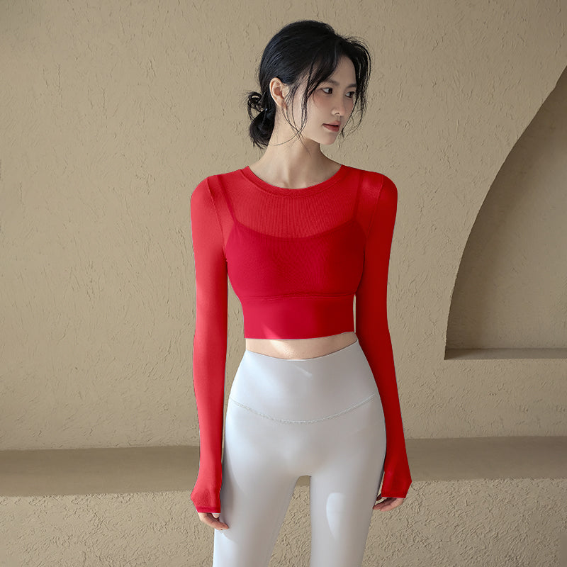 Sexy mesh with chest pad sports long sleeves