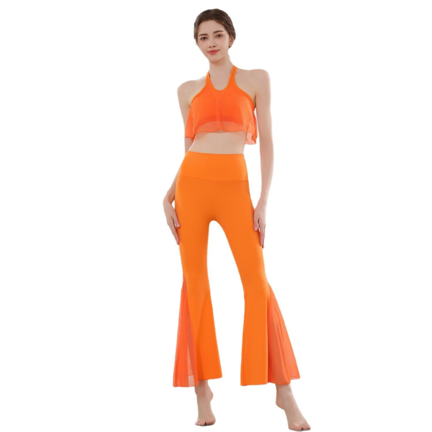 Dunhuang Flying Goddess Mesh Yarn Crossing Beauty Back Fork Flared Pants Set