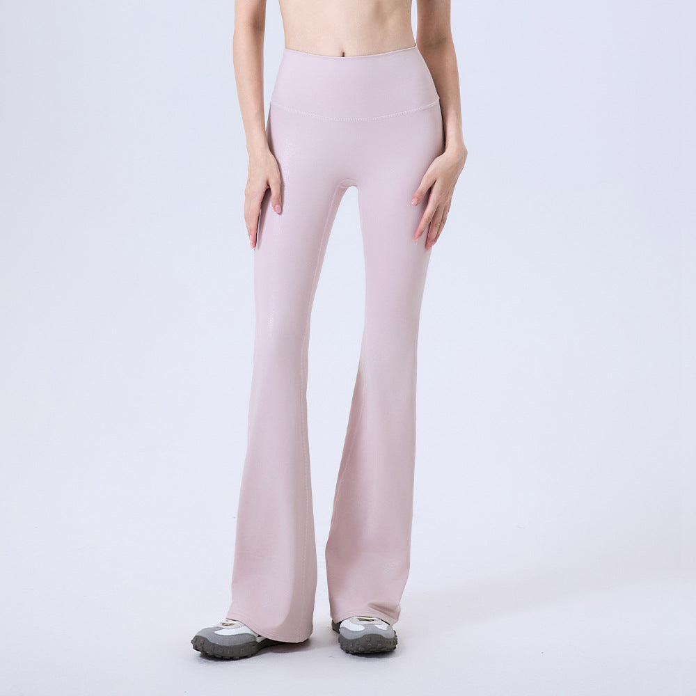 High-waisted faux leather non-marking anti-roll hem sports flared pants