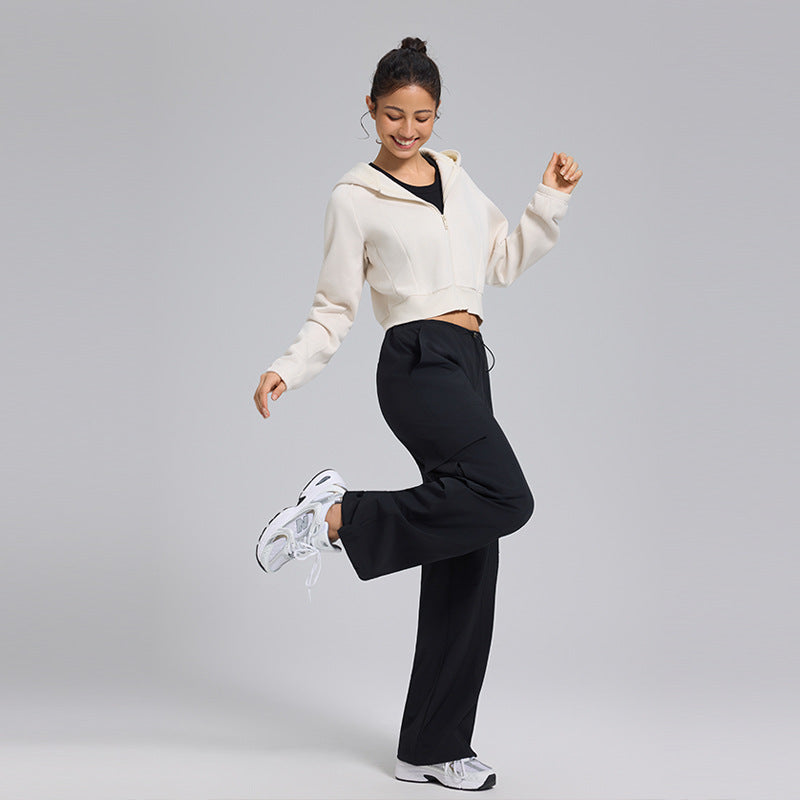 Autumn and winter cropped fleece casual sports hooded jacket