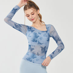 Butterfly print mesh is breathable, Quick-drying, Slim-fitting, Sporty long sleeves