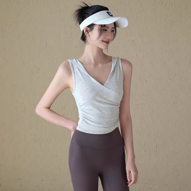 Hooded V-neck, Sleeveless casual running, Sports fitness vest, T-shirt, Smock, Short sleeves