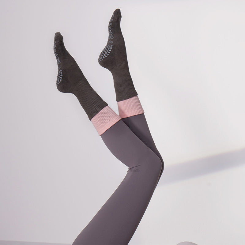 Contrast double-layer tummy control non-slip crew socks