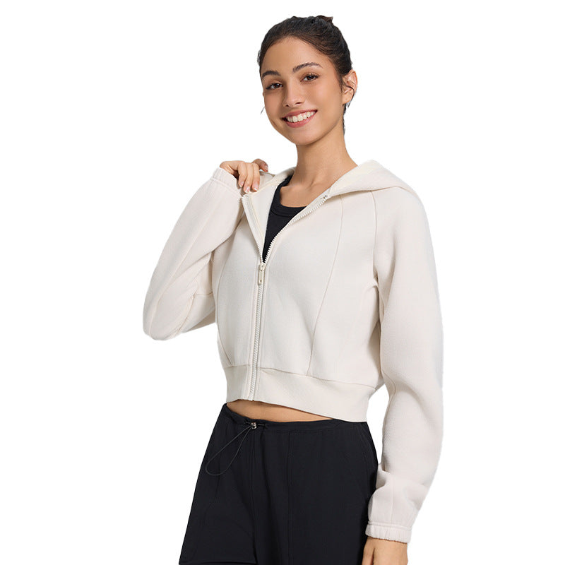 Autumn and winter cropped fleece casual sports hooded jacket