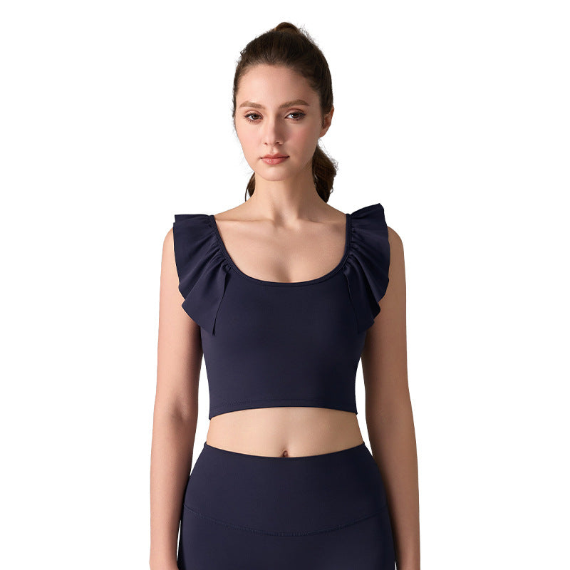 Ruffled nude antibacterial sleeveless yoga sports U-shaped beautiful back bra