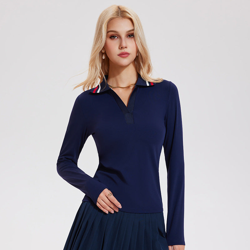 Quick-drying V-neck simple retro polo shirt long-sleeved top