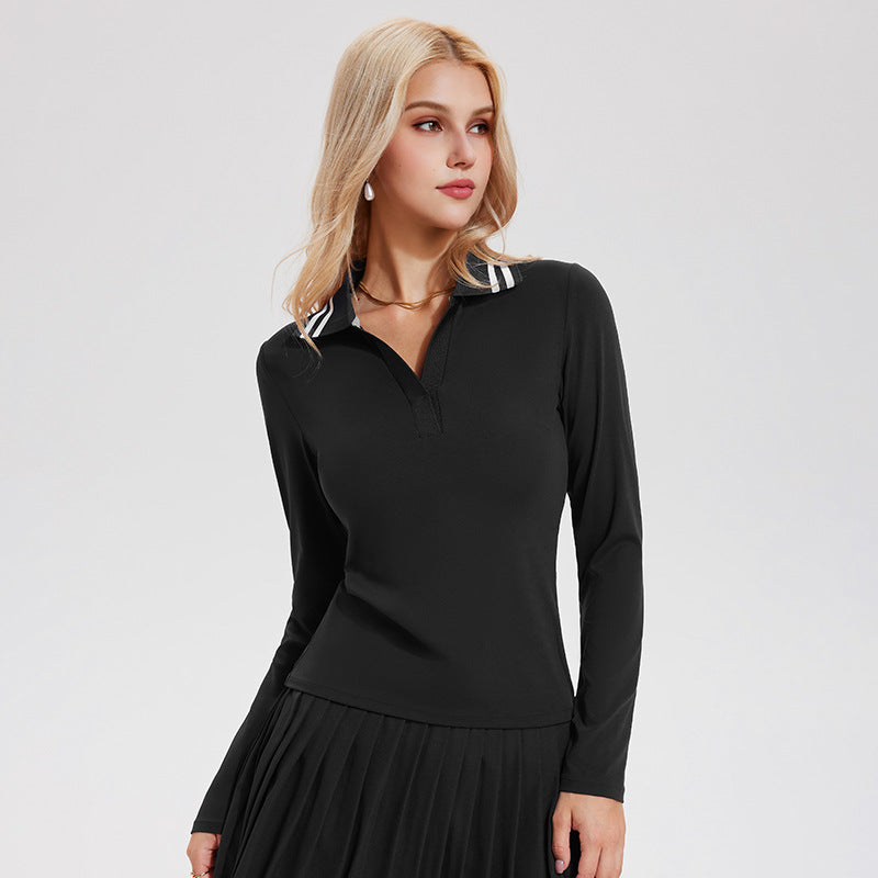 Quick-drying V-neck simple retro polo shirt long-sleeved top