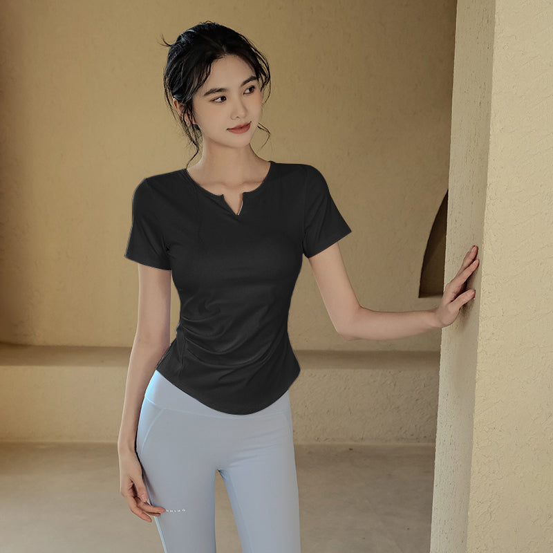 Solid color yoga short sleeve t-shirt with chest pads