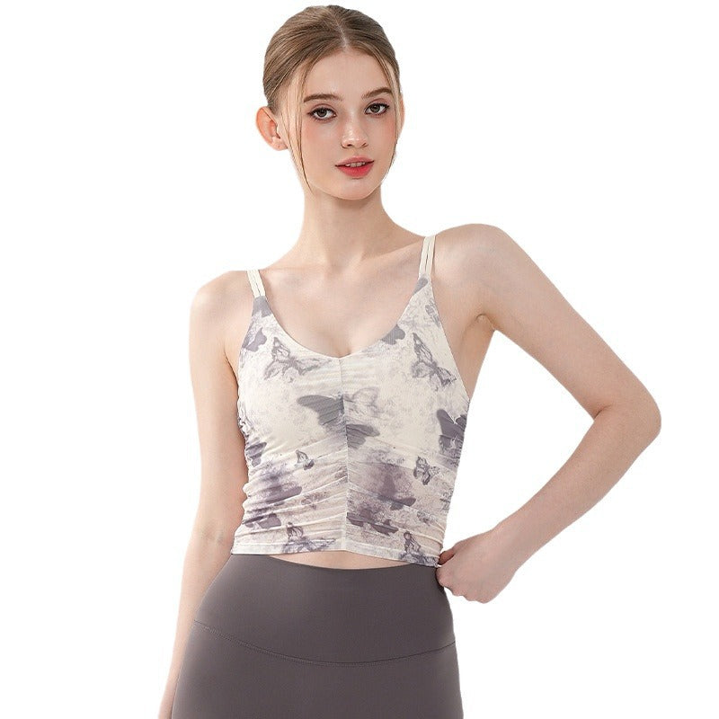 Butterfly print mesh ruffled sports bra