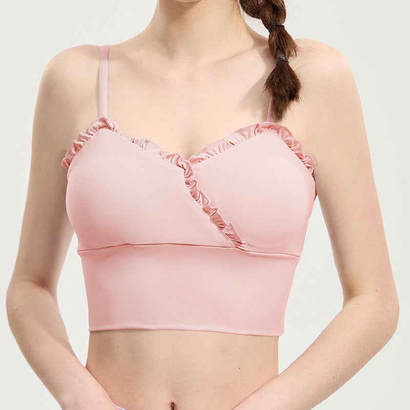Ruffled shock-absorbing running sports bra