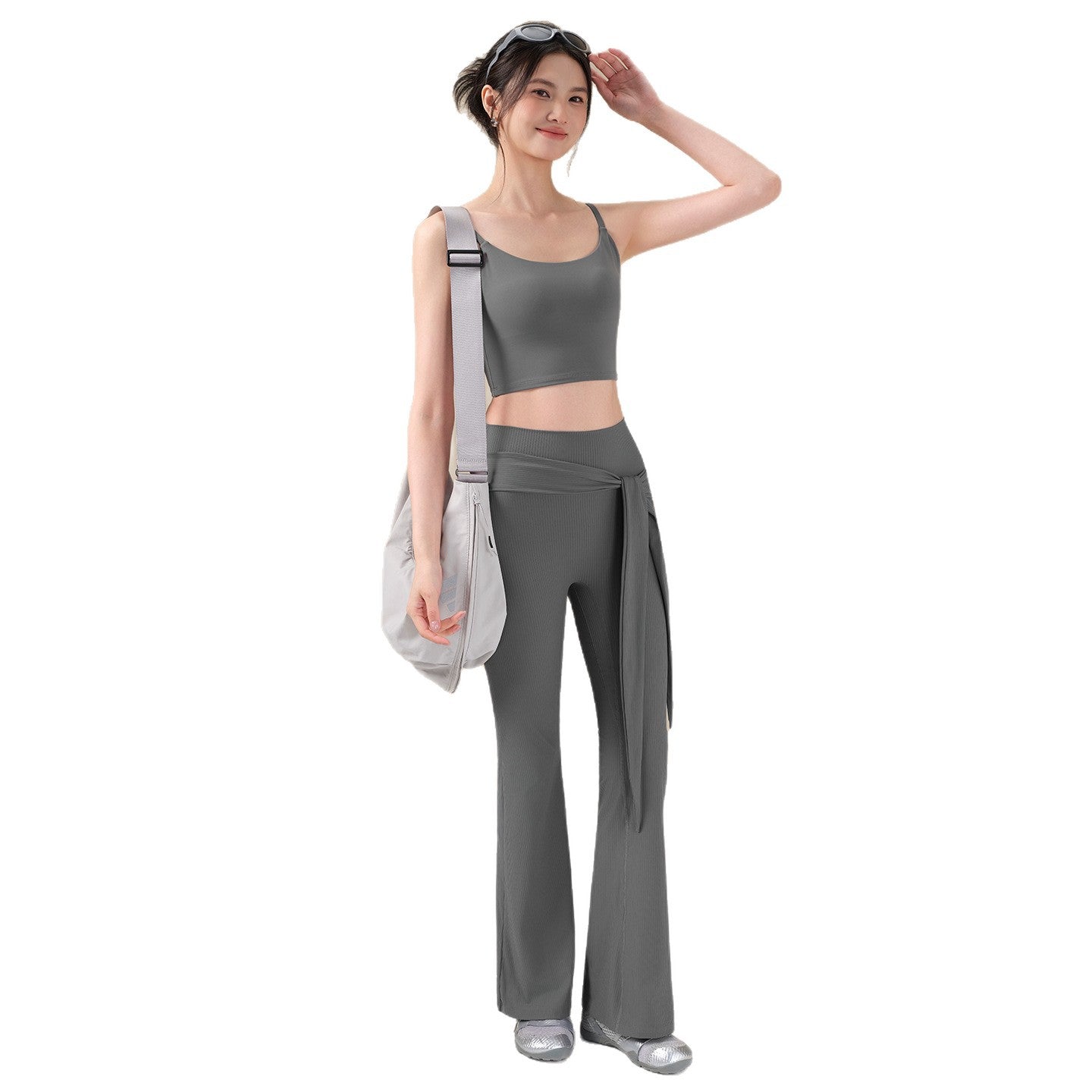New high-elastic threaded bootcut pants personalized strap Pilates gym pants