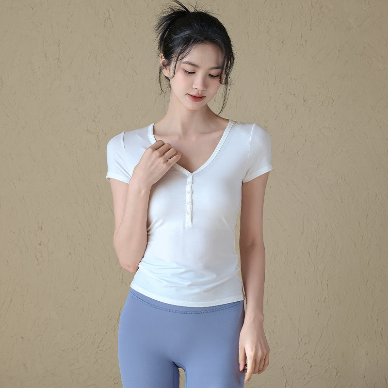 Slim and versatile button-down sports T-shirt running training short sleeves