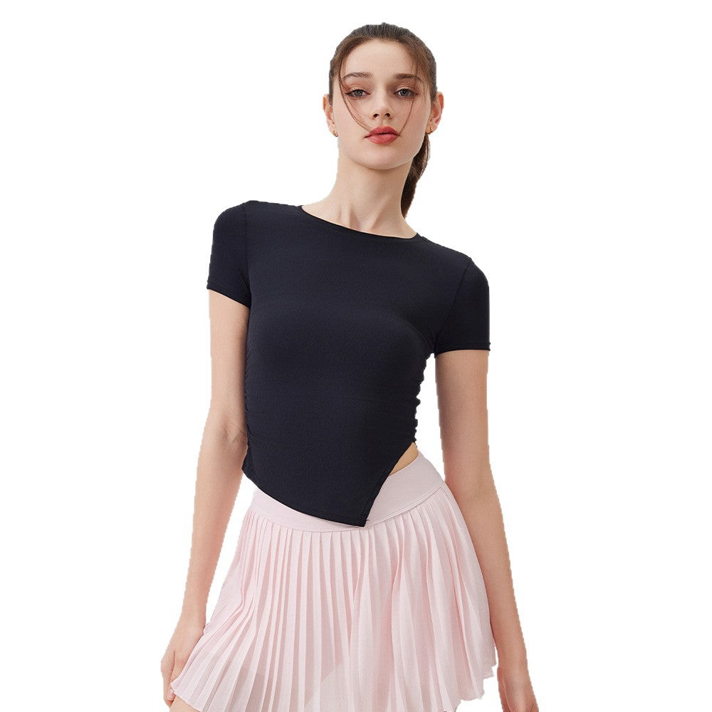 Cool, Breathable, Antibacterial, Asymmetrical waist, Sports running training, Short sleeves