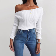 Oblique Collar Casual Long Sleeve Knitted Sweater